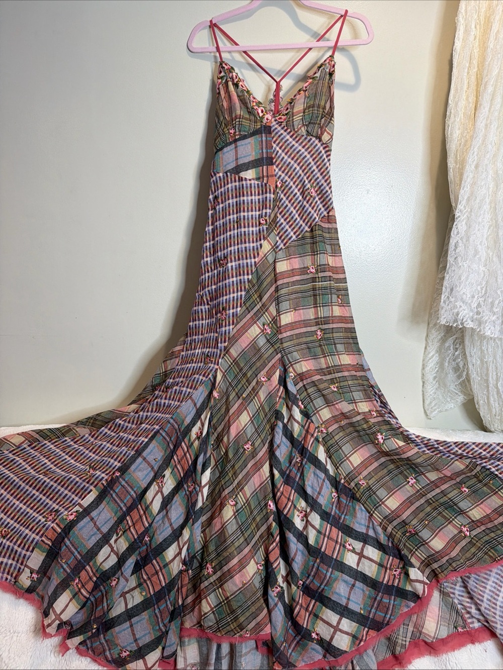 Free People Prairie Dust Plaid Patchwork Embroidered Floral Maxi Dress M - Picture 5 of 10